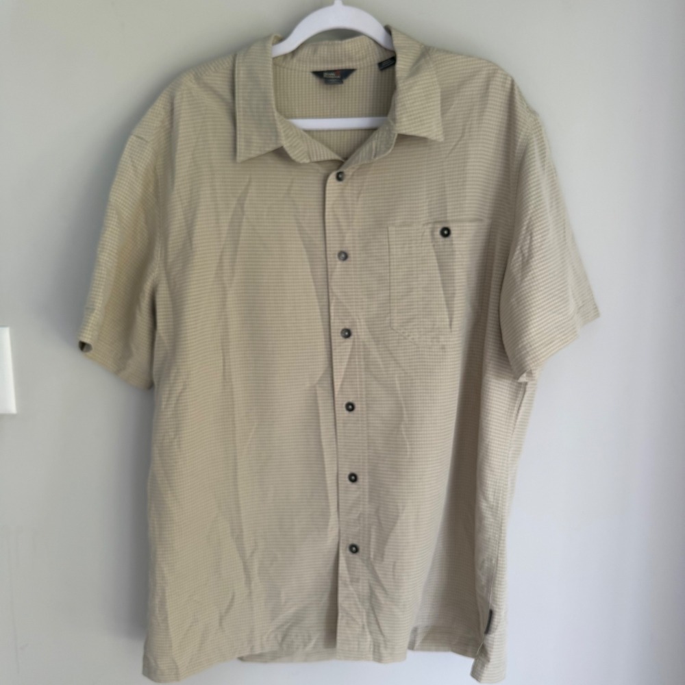 Royal Robbins Mens Short Sleeve Button Down Shirt Beige Plaid Modal Size XL